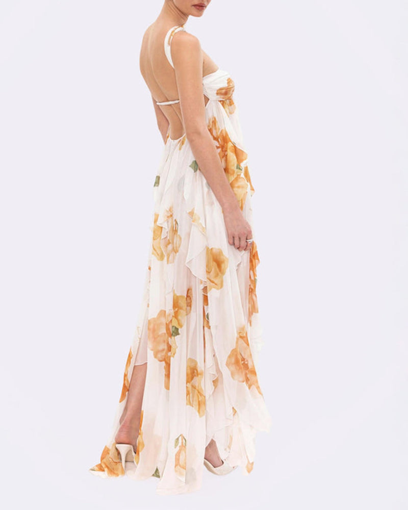 Clara White Strapless Floral Chiffon Ruffle Maxi Dress