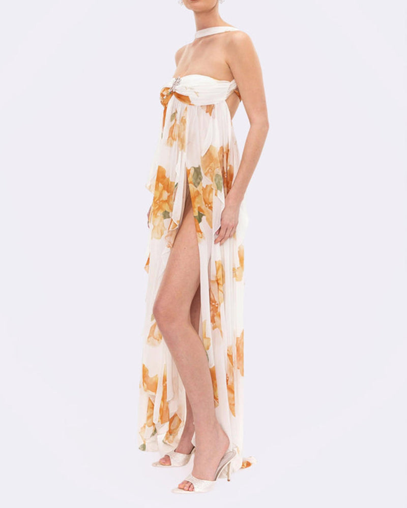 Clara White Strapless Floral Chiffon Ruffle Maxi Dress