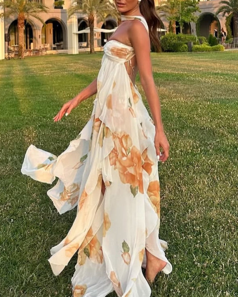 Clara White Strapless Floral Chiffon Ruffle Maxi Dress