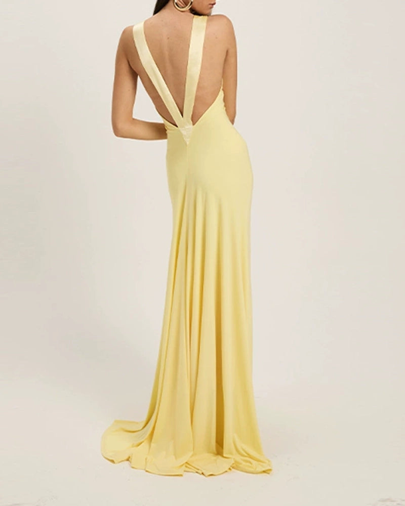 Zuri Yellow Deep V-Neck Contrast Trim Maxi Dress