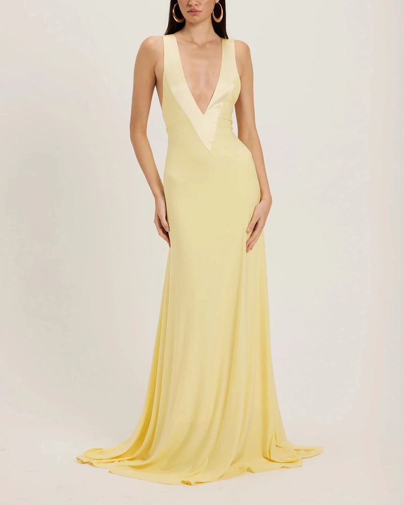 Zuri Yellow Deep V-Neck Contrast Trim Maxi Dress
