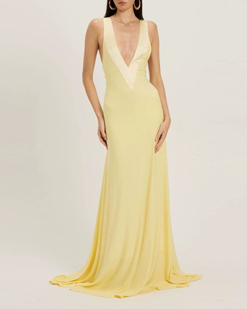 Zuri Yellow Deep V-Neck Contrast Trim Maxi Dress