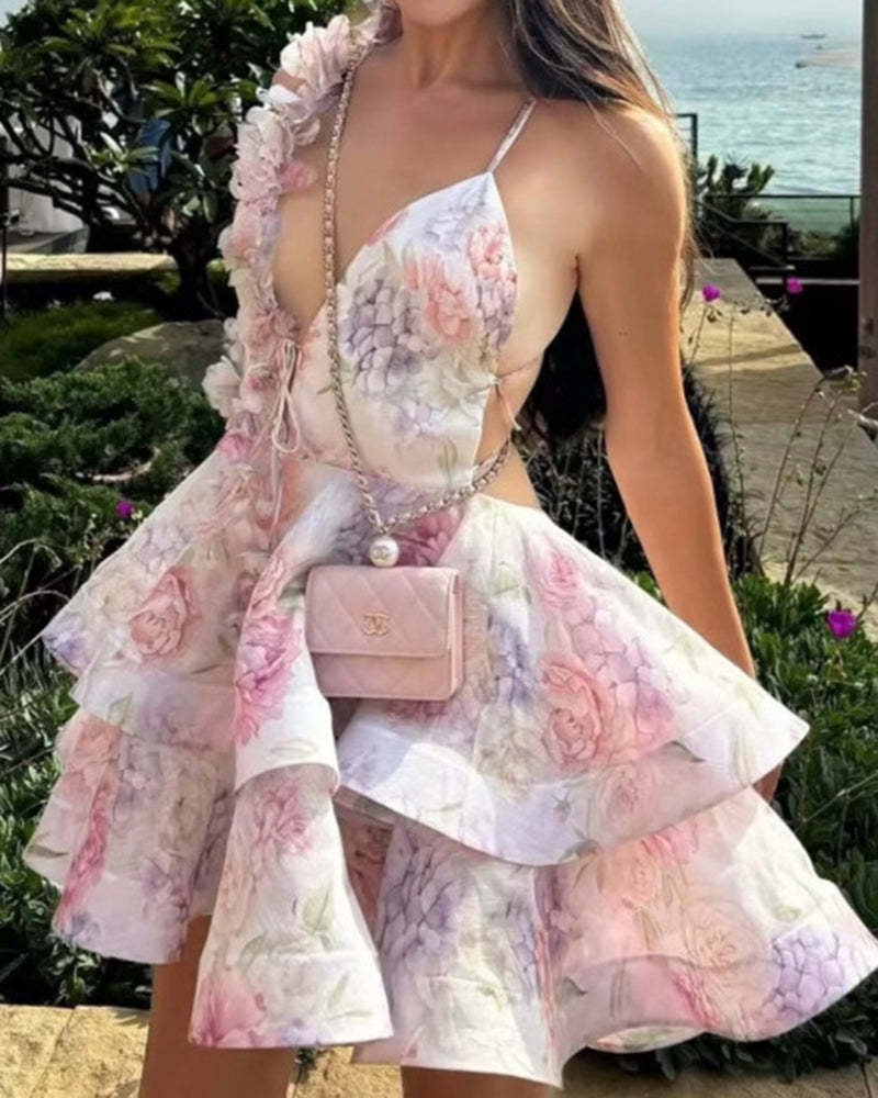 Briella Blue V-Neck Floral Petal Tiered Mini Dress