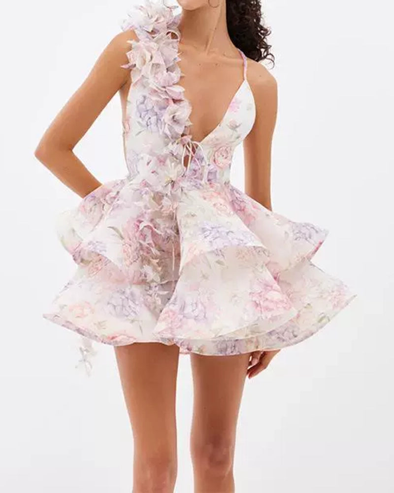 Briella Blue V-Neck Floral Petal Tiered Mini Dress