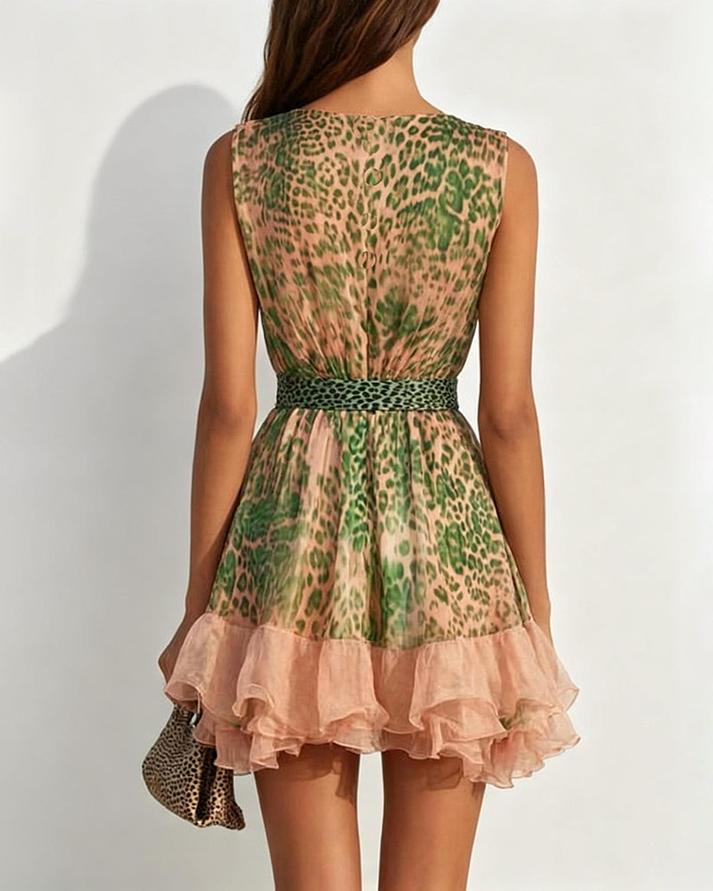 Amelie Green Deep V-Neck Leopard Print Ruffle Mini Dress