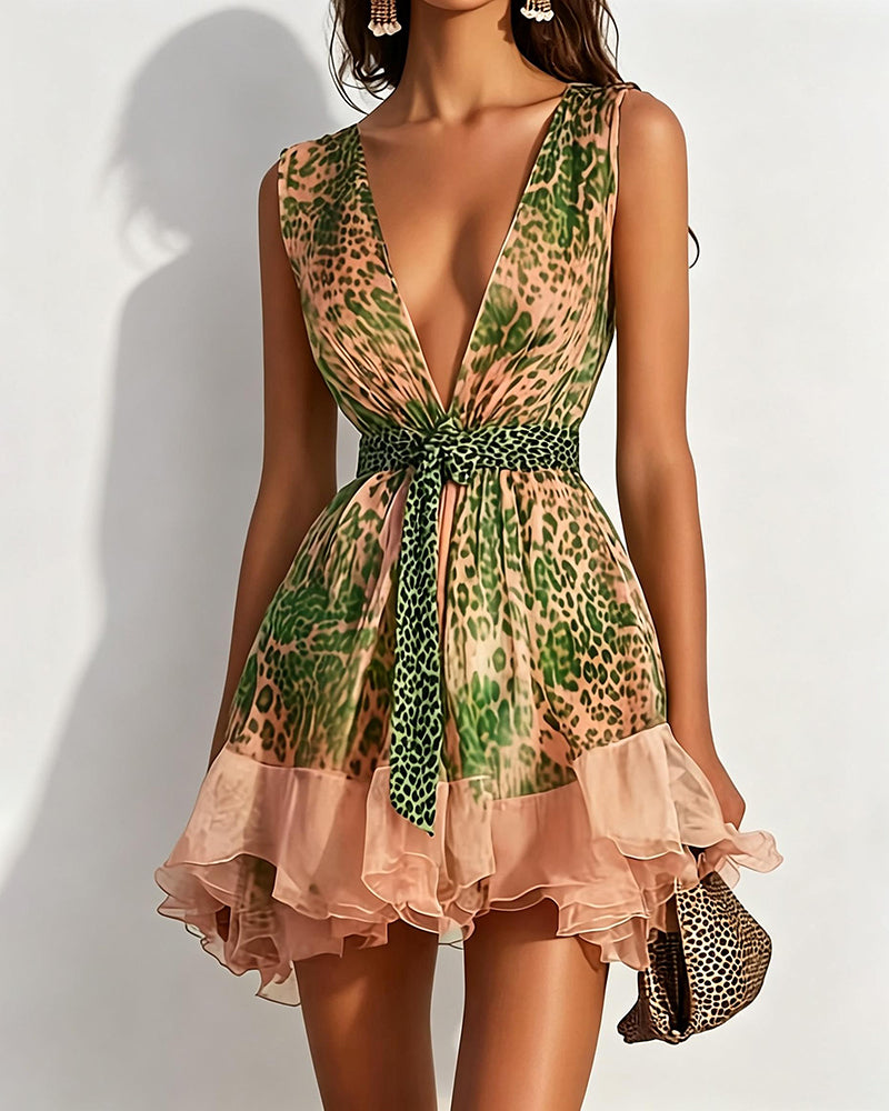 Amelie Green Deep V-Neck Leopard Print Ruffle Mini Dress