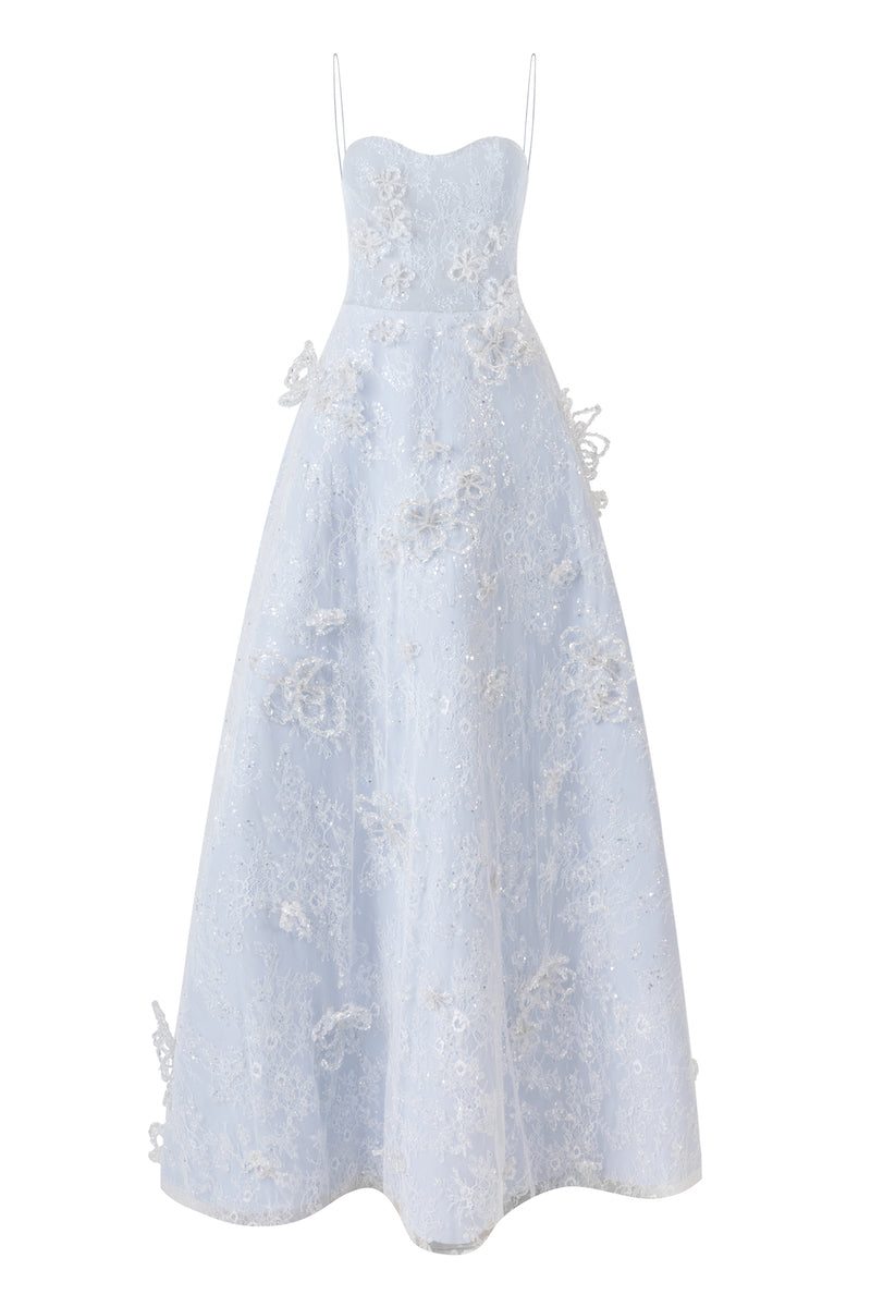 A-LINE SPAGHETTI STRAPS GLITTER LACE MAXI DRESS IN BLUE