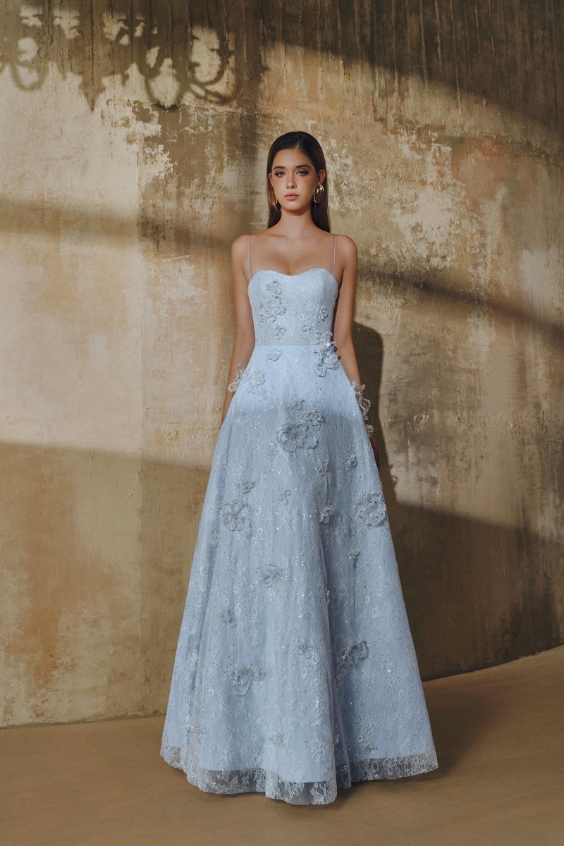 A-LINE SPAGHETTI STRAPS GLITTER LACE MAXI DRESS IN BLUE