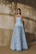 A-LINE SPAGHETTI STRAPS GLITTER LACE MAXI DRESS IN BLUE