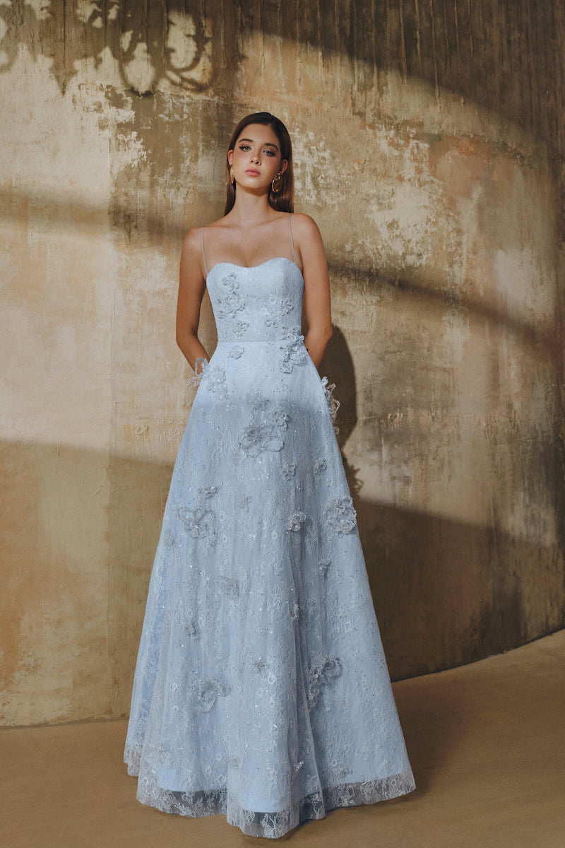 A-LINE SPAGHETTI STRAPS GLITTER LACE MAXI DRESS IN BLUE