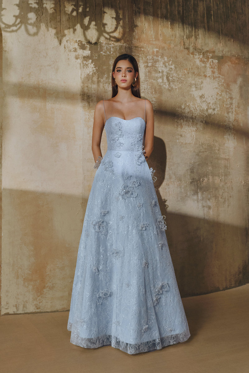 A-LINE SPAGHETTI STRAPS GLITTER LACE MAXI DRESS IN BLUE