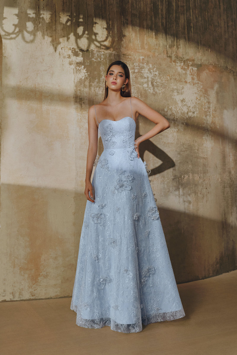 A-LINE SPAGHETTI STRAPS GLITTER LACE MAXI DRESS IN BLUE