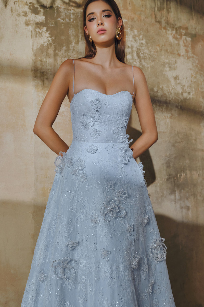 A-LINE SPAGHETTI STRAPS GLITTER LACE MAXI DRESS IN BLUE