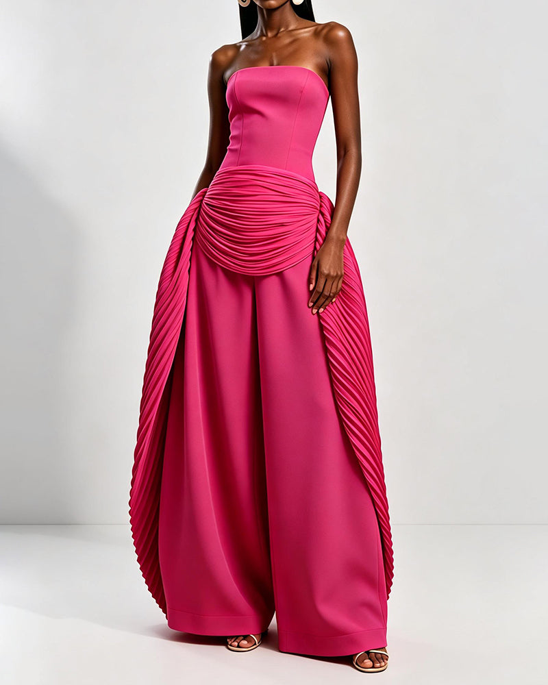 Nova Pink Strapless Ruched Draped Wide-Leg Jumpsuit