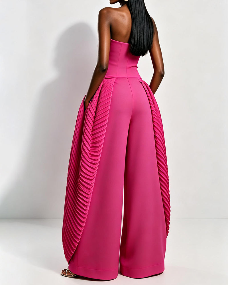 Nova Pink Strapless Ruched Draped Wide-Leg Jumpsuit