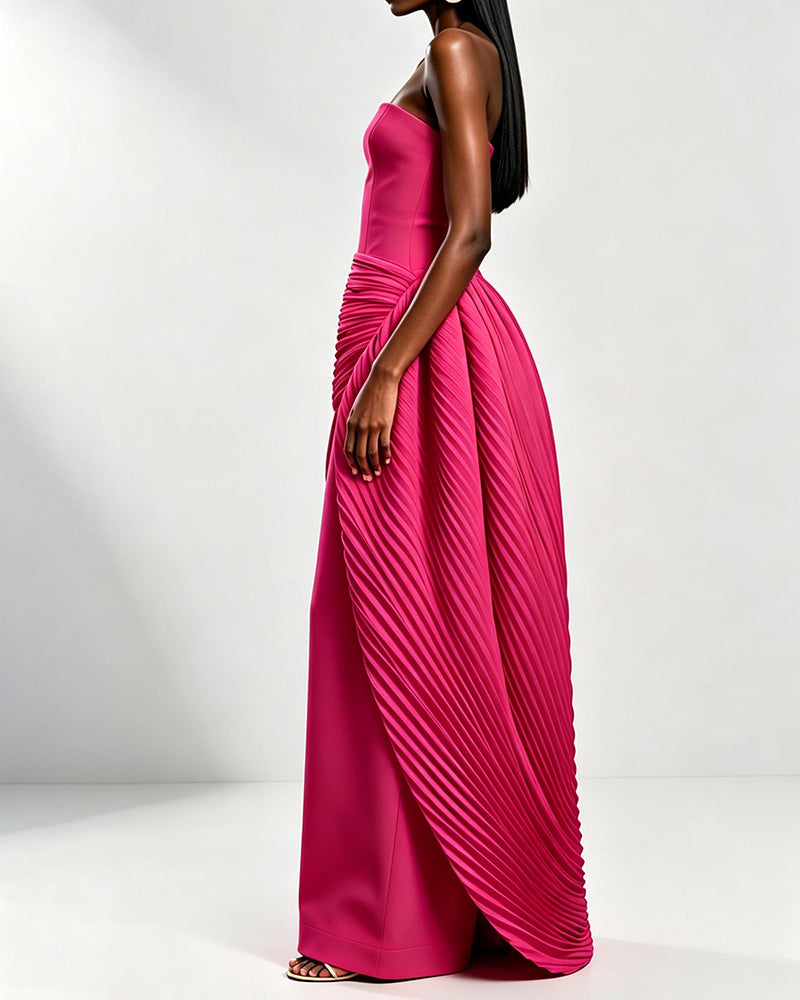 Nova Pink Strapless Ruched Draped Wide-Leg Jumpsuit