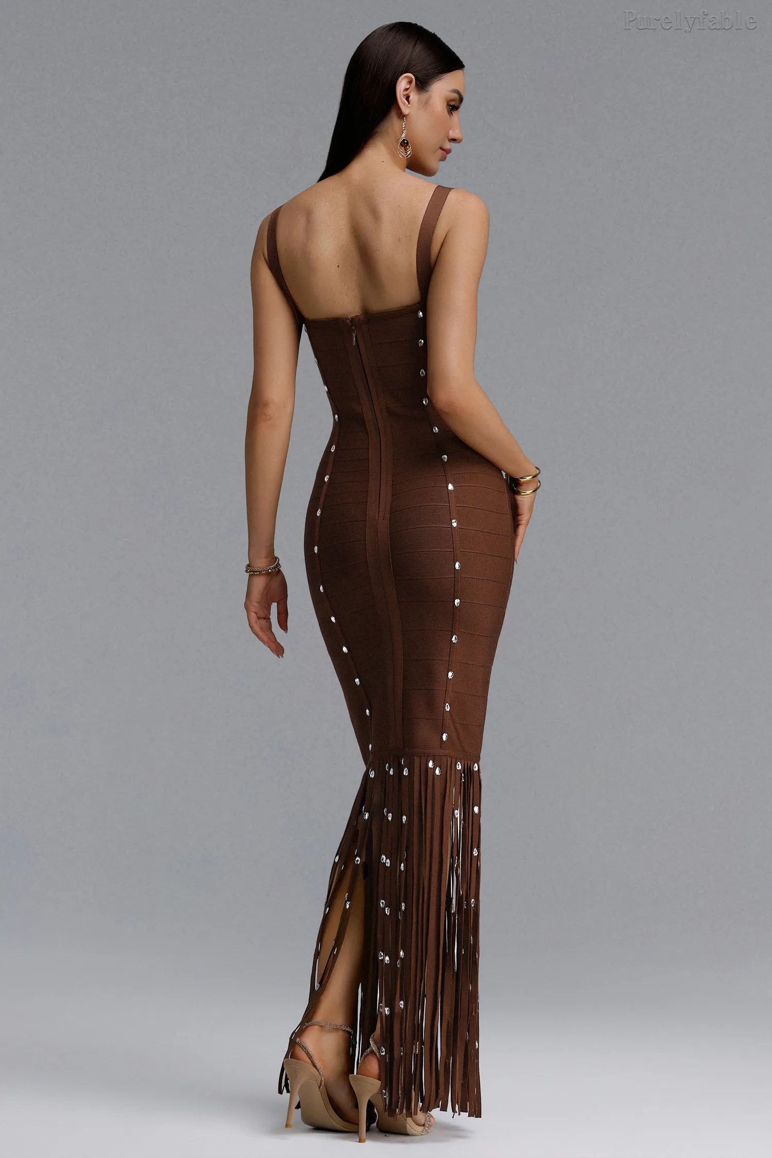 Aleah Coffee Colored Camisole High Slit Evening Gown