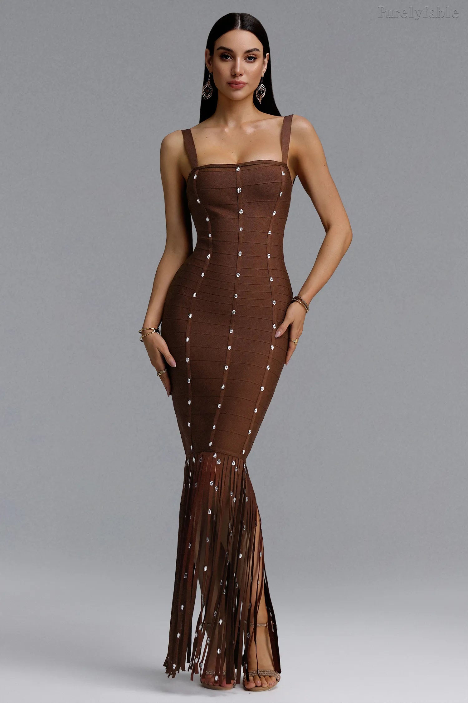 Aleah Coffee Colored Camisole High Slit Evening Gown