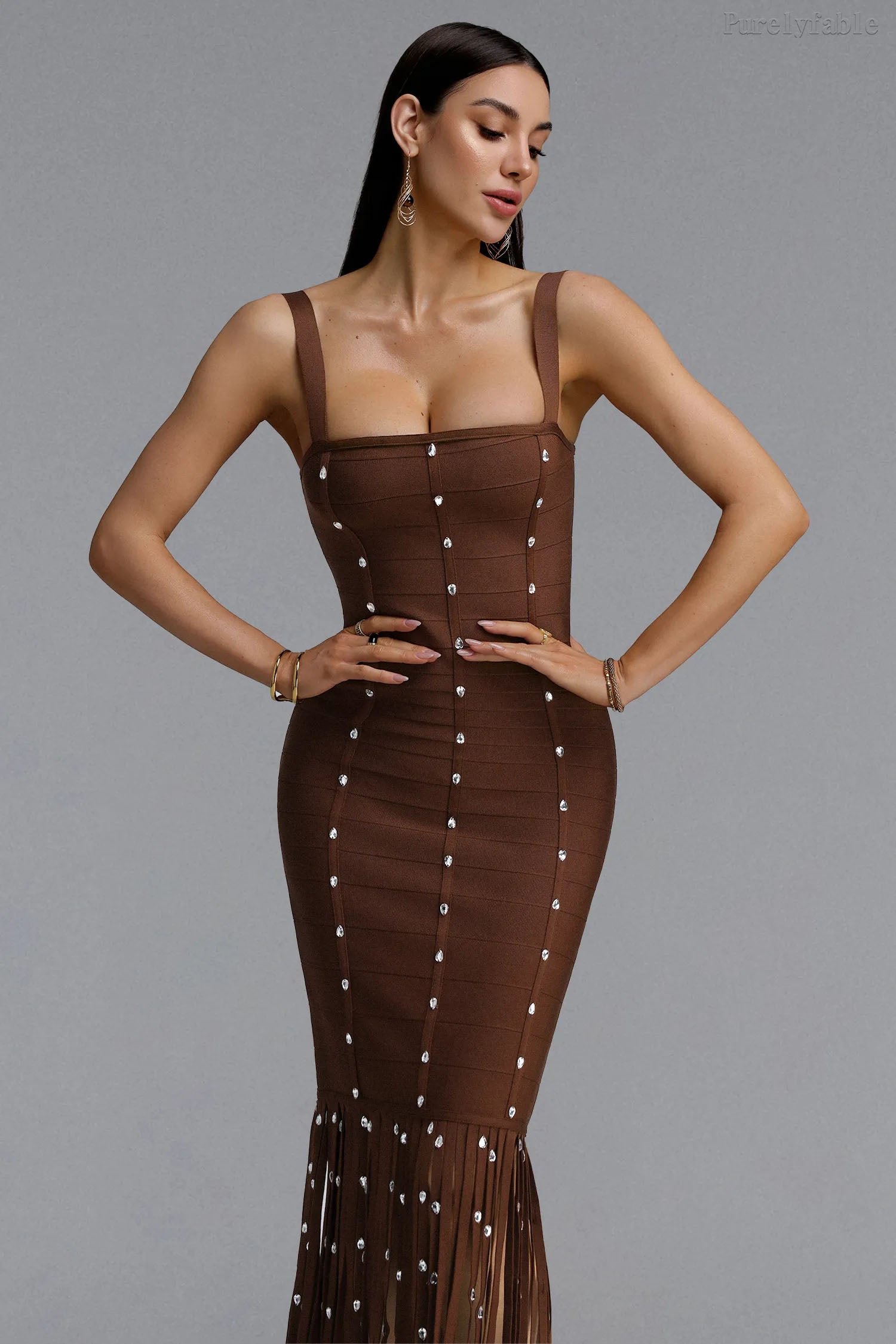 Aleah Coffee Colored Camisole High Slit Evening Gown