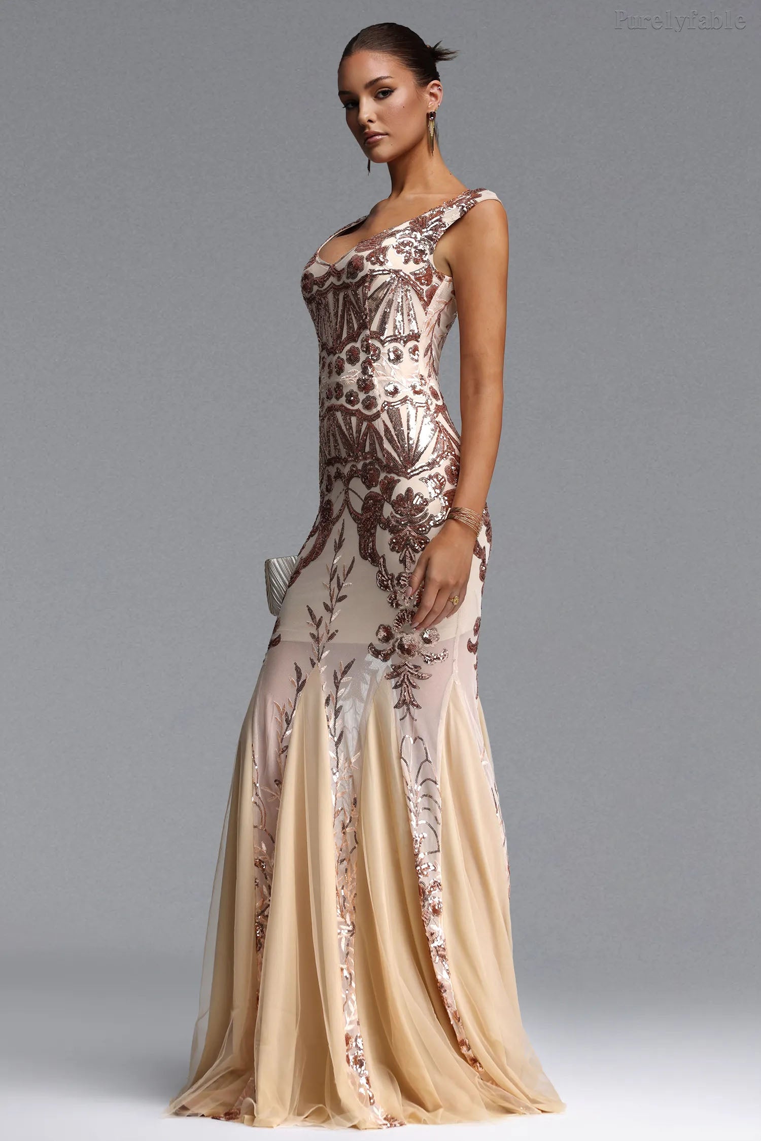 Aurora Gold Sequined Double-Shoulder Dress