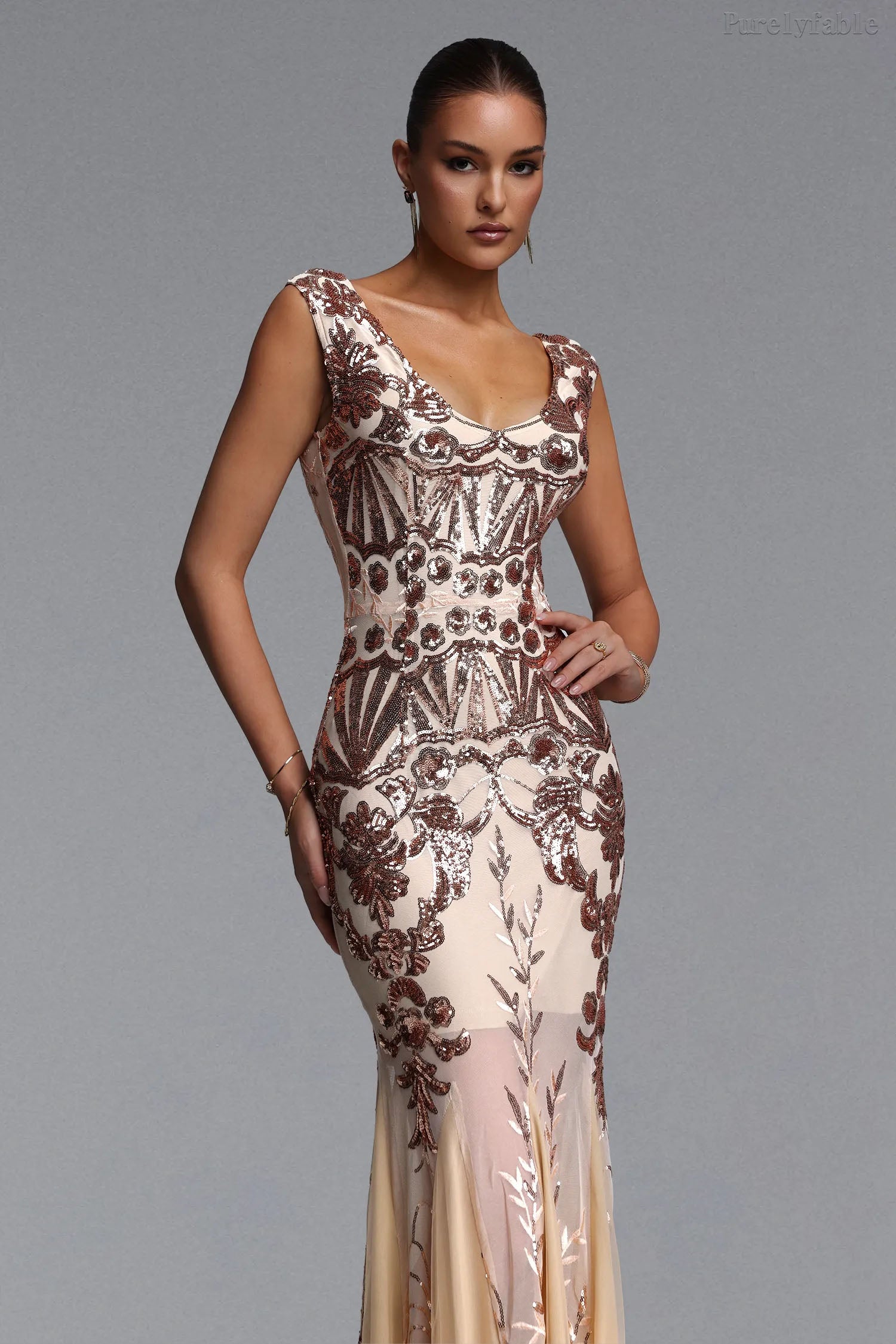 Aurora Gold Sequined Double-Shoulder Dress