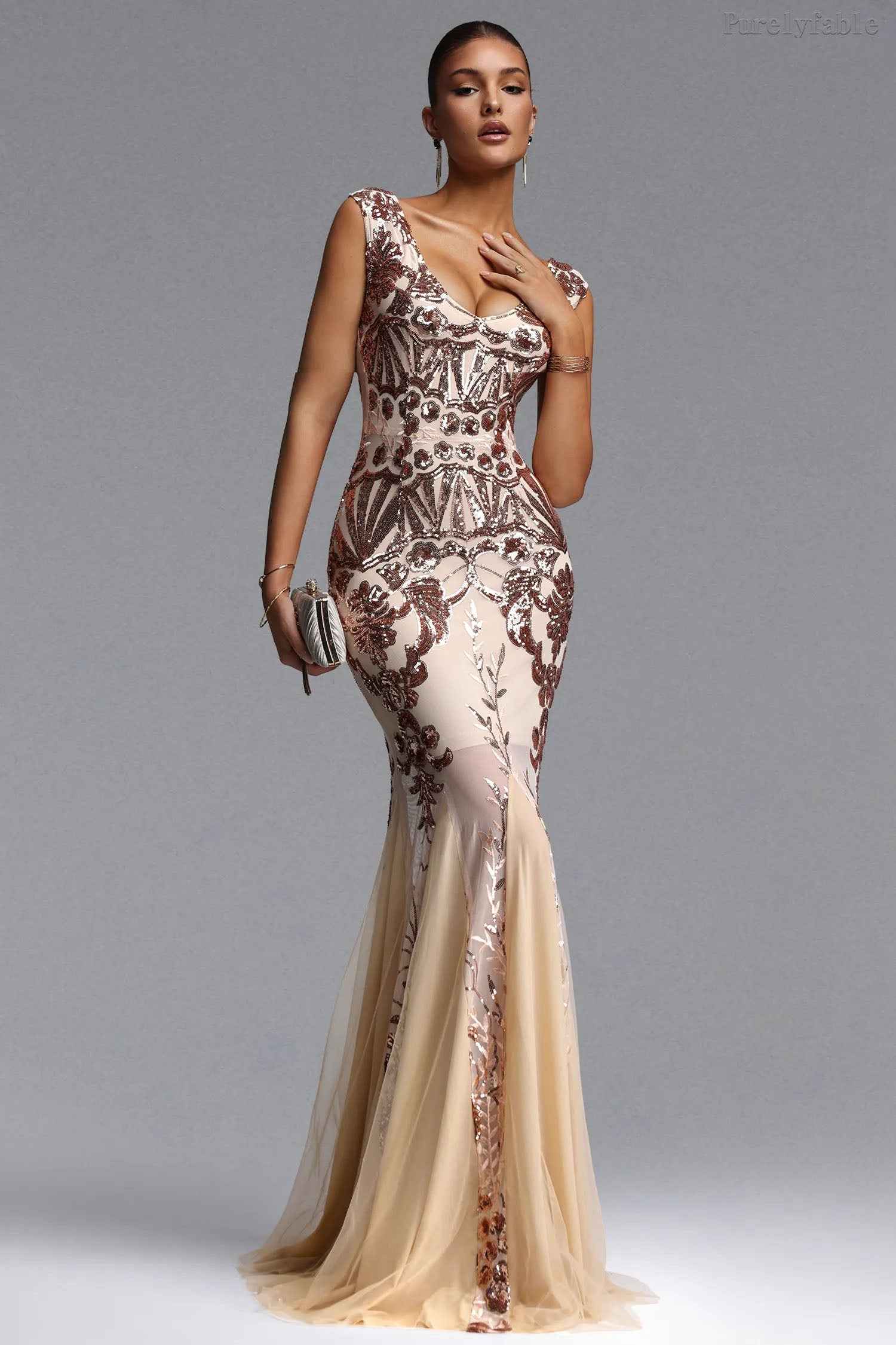 Aurora Gold Sequined Double-Shoulder Dress