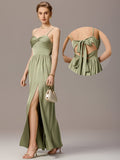 Satin Pleated Back-Tie Sleeveless Maxi Bridesmaid Dress