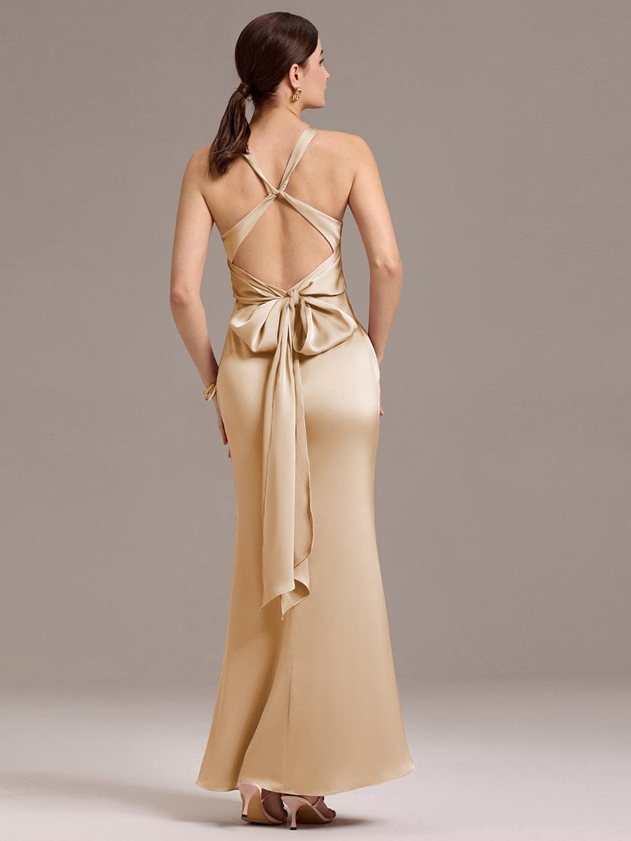 Elegant Strappy Bow Back Satin Mermaid Bridesmaid Dress