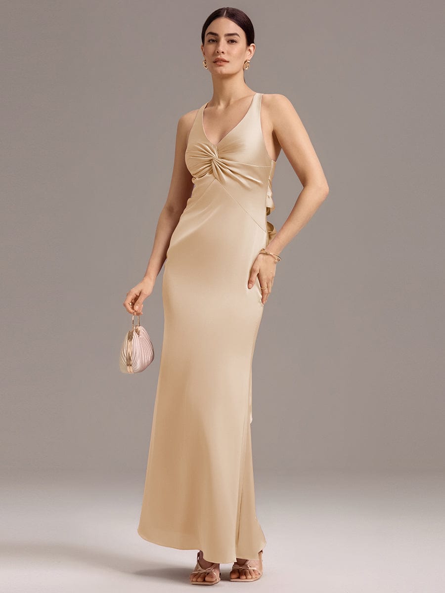 Elegant Strappy Bow Back Satin Mermaid Bridesmaid Dress