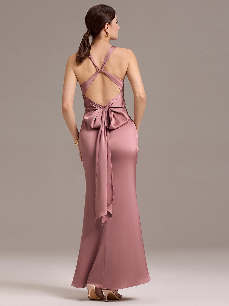 Elegant Strappy Bow Back Satin Mermaid Bridesmaid Dress