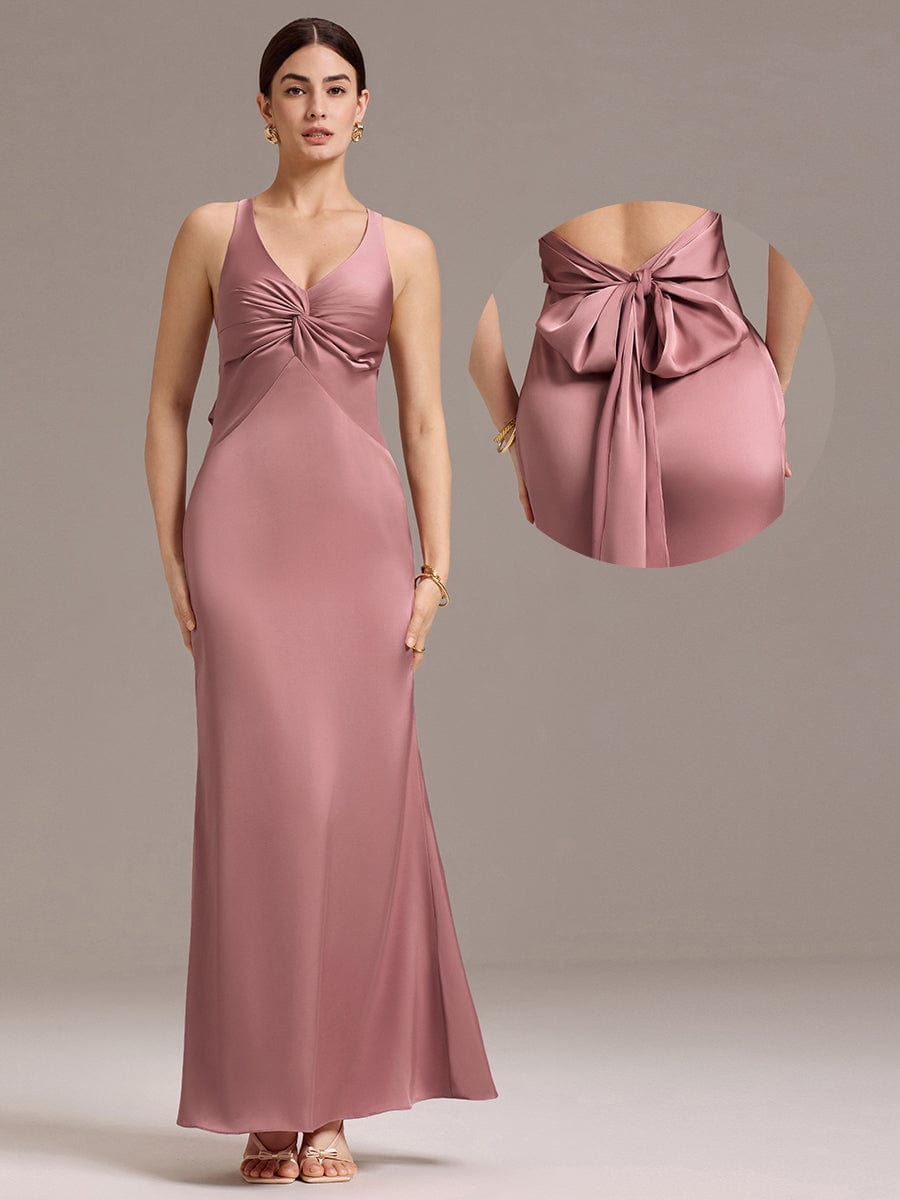 Elegant Strappy Bow Back Satin Mermaid Bridesmaid Dress