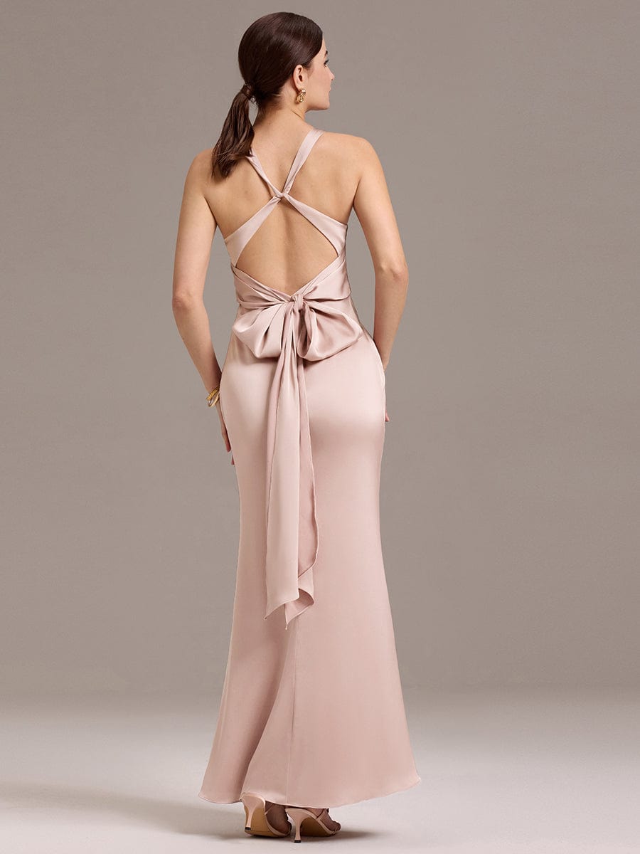 Elegant Strappy Bow Back Satin Mermaid Bridesmaid Dress