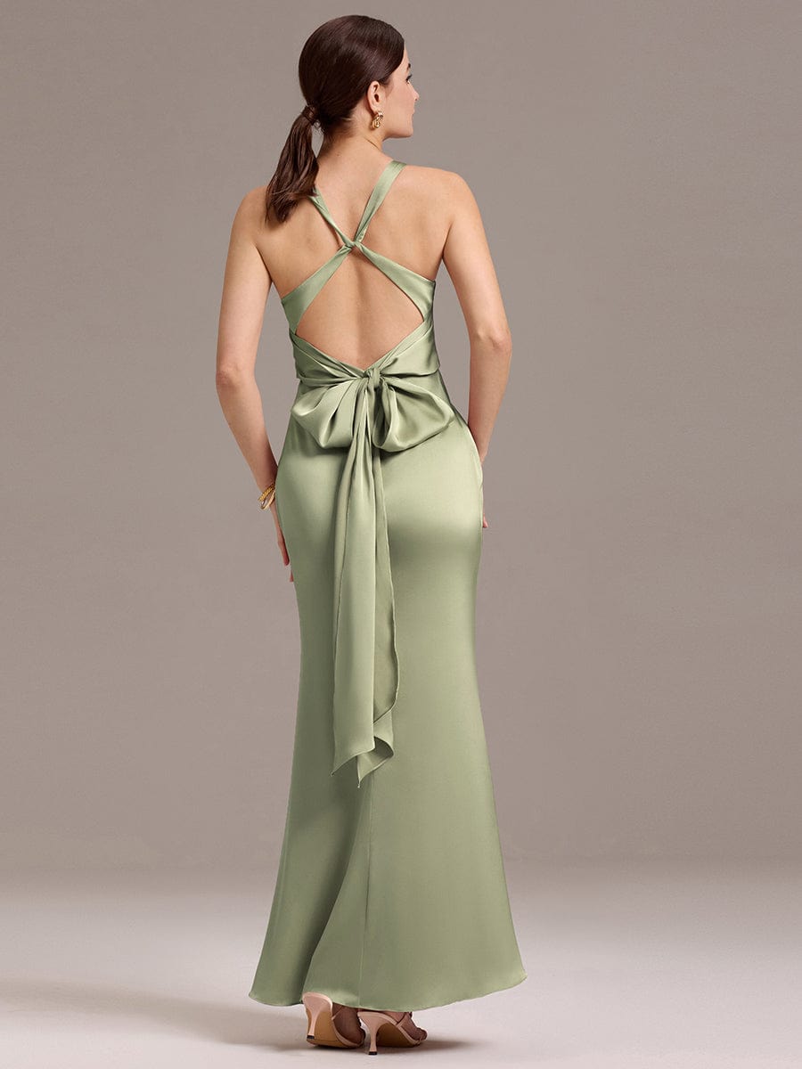 Elegant Strappy Bow Back Satin Mermaid Bridesmaid Dress