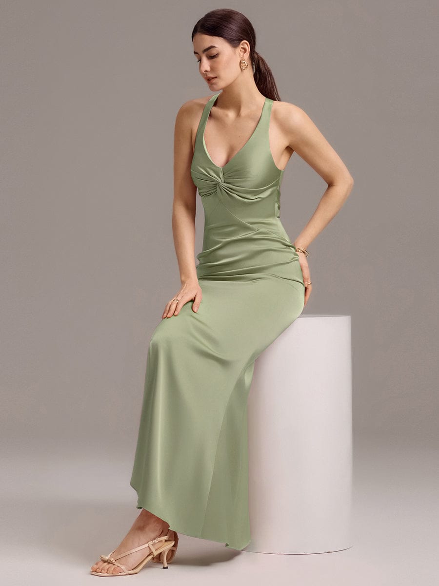Elegant Strappy Bow Back Satin Mermaid Bridesmaid Dress