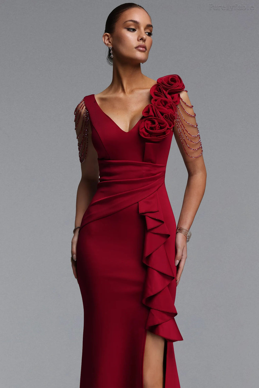 Felicity Red One Shoulder Floral Ruffle Dress