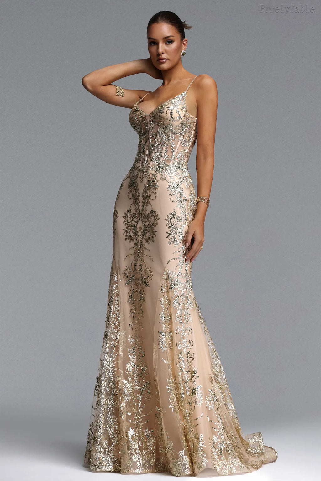 Vivian Champagne Floral Embroidered Dress