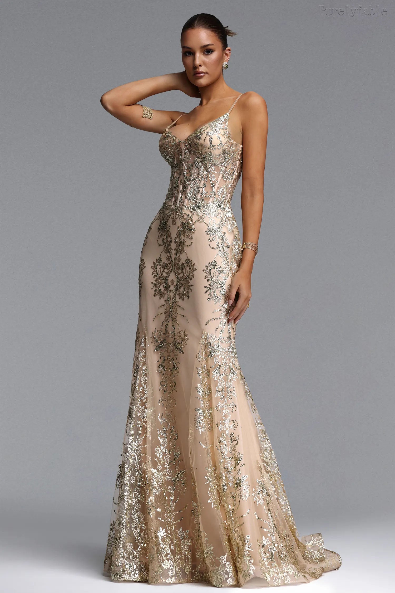 Vivian Champagne Floral Embroidered Dress