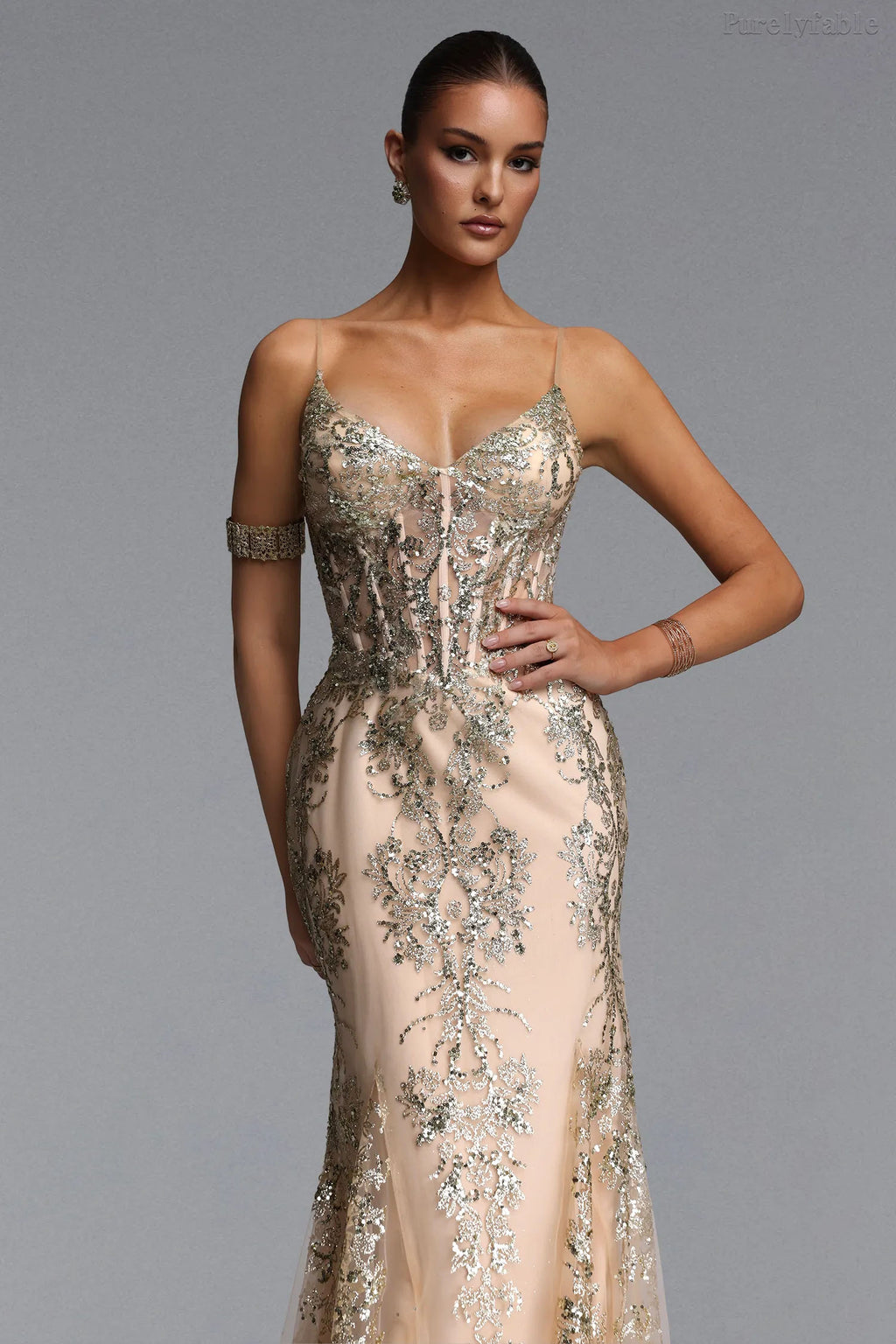 Vivian Champagne Floral Embroidered Dress