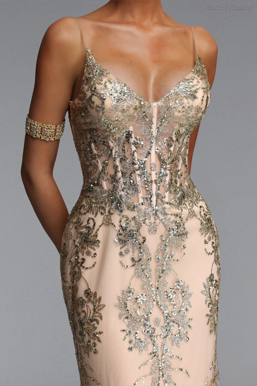Vivian Champagne Floral Embroidered Dress