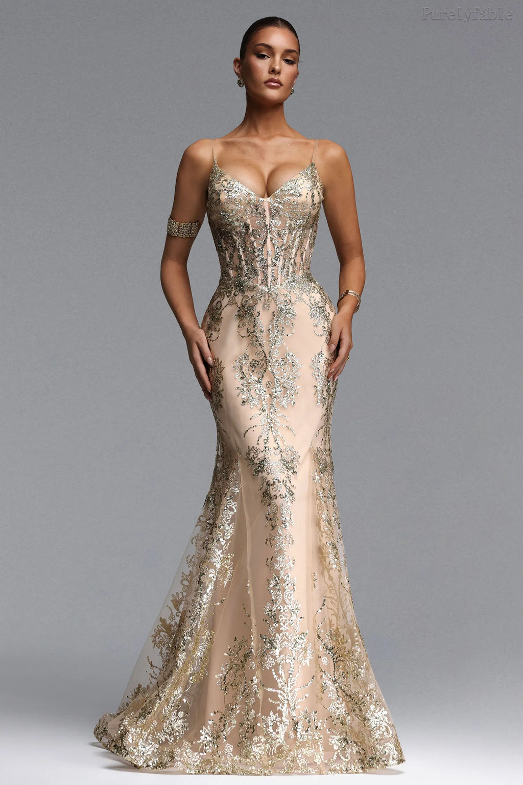 Vivian Champagne Floral Embroidered Dress