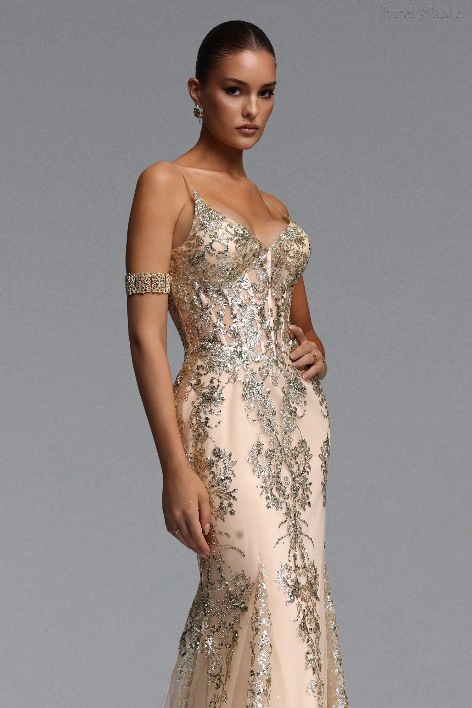 Vivian Champagne Floral Embroidered Dress