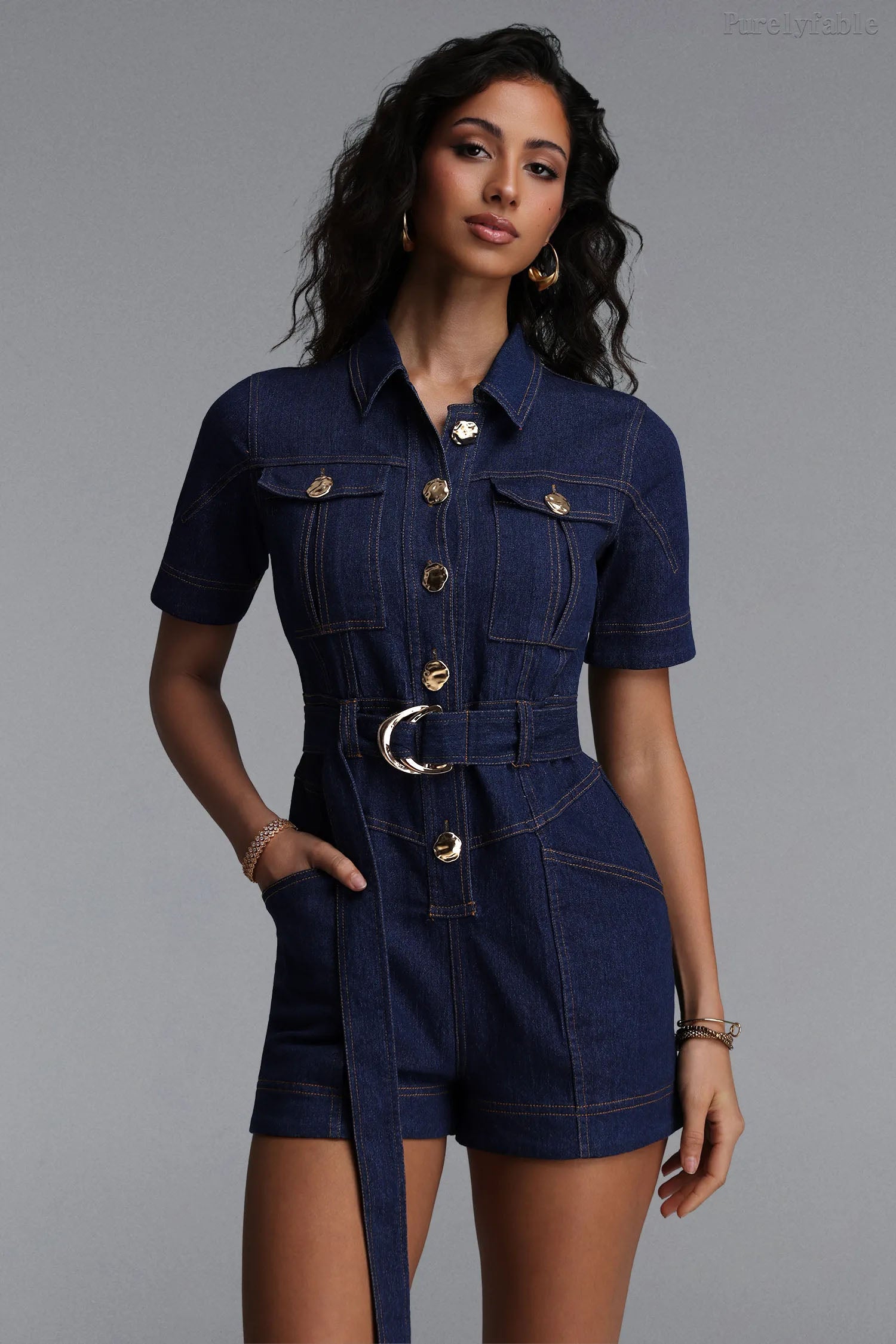 Alba Blue Patchwork Lapel Jumpsuit Shorts