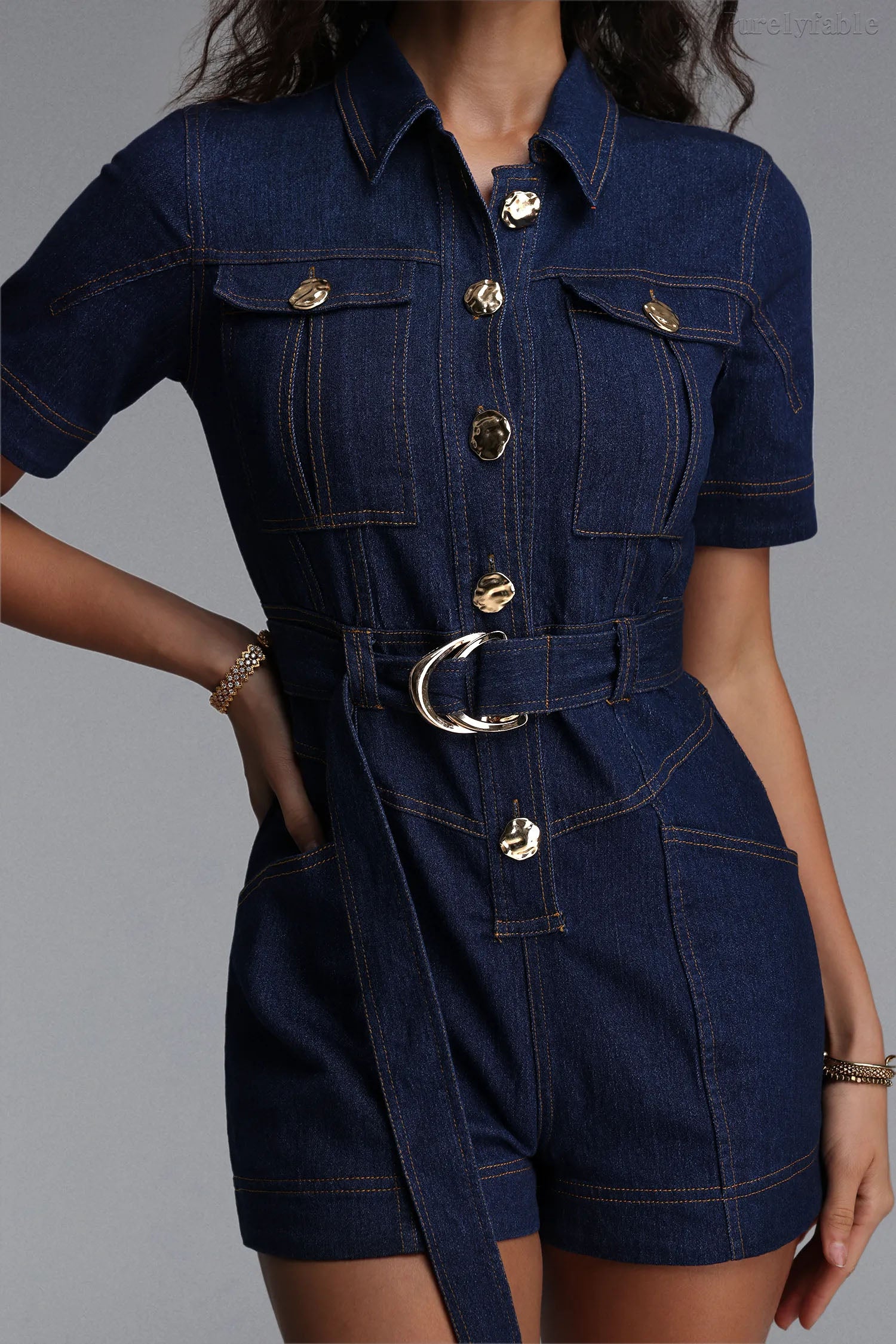 Alba Blue Patchwork Lapel Jumpsuit Shorts