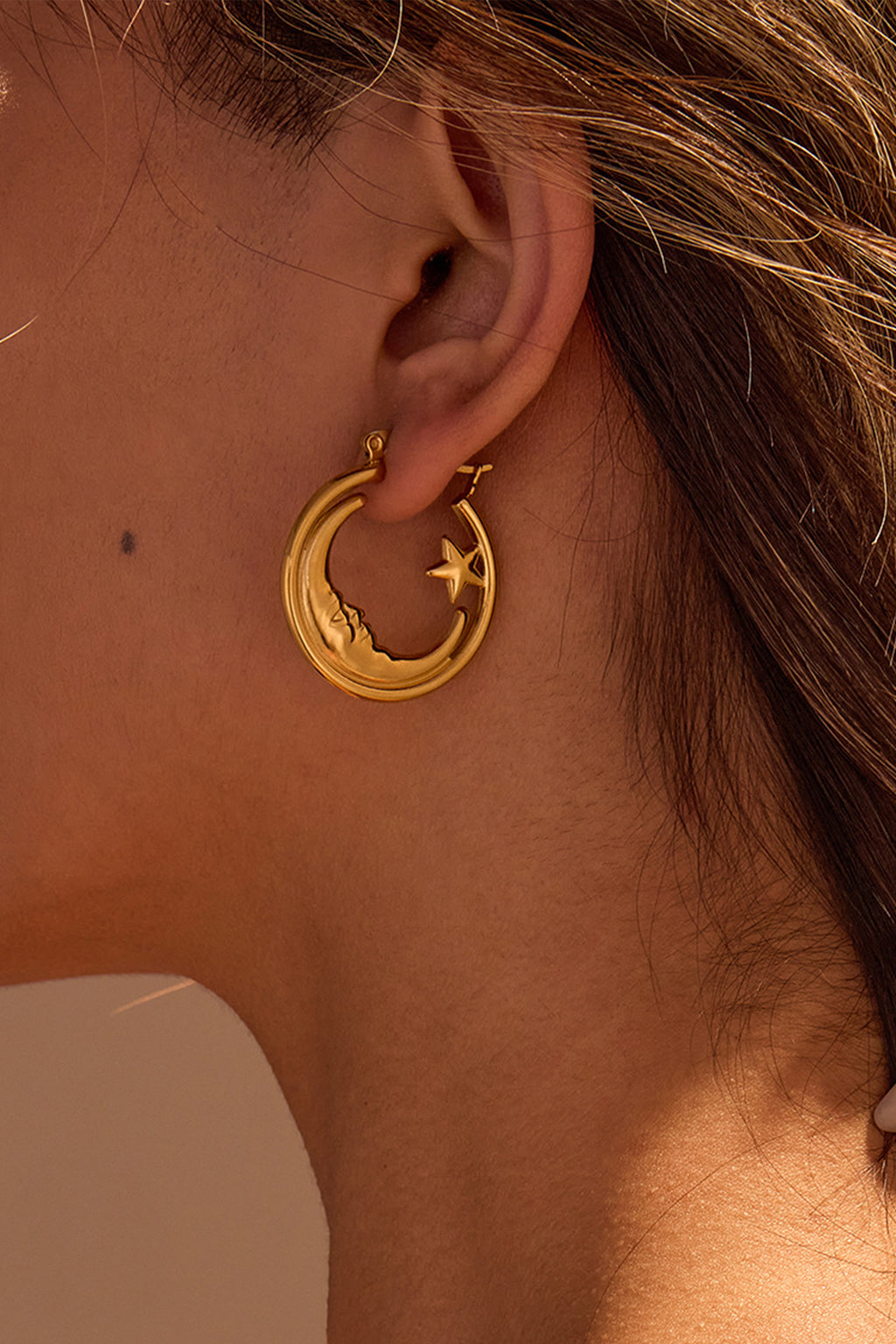 Crescent Moon Star Hoop Earrings