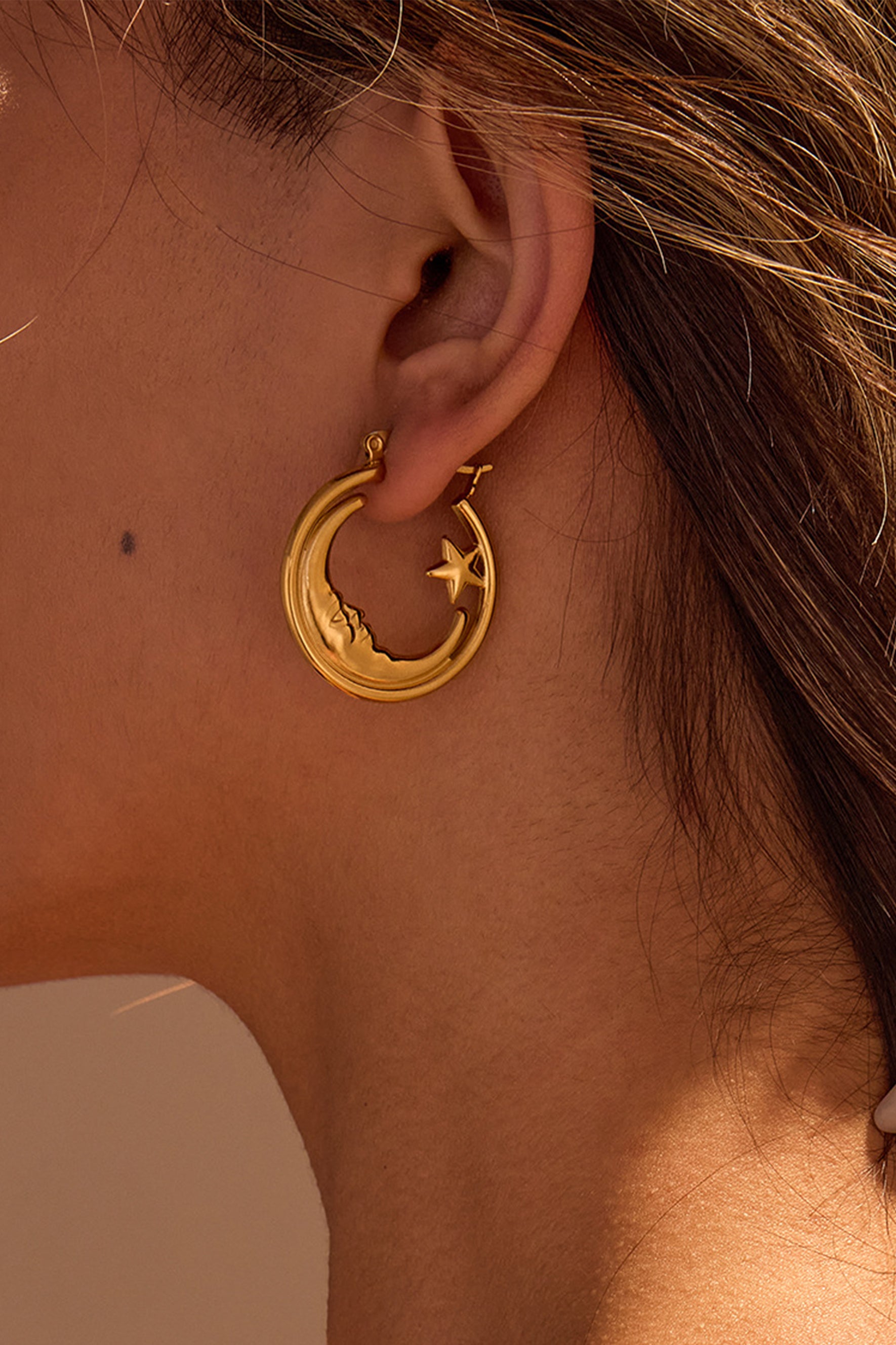 Crescent Moon Star Hoop Earrings