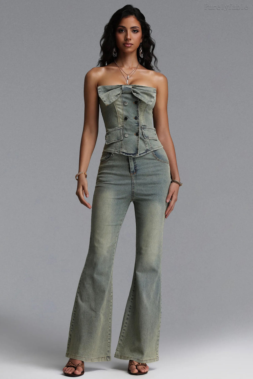 Alba Light Blue Strapless Vest Flared Pants Two-Piece Set