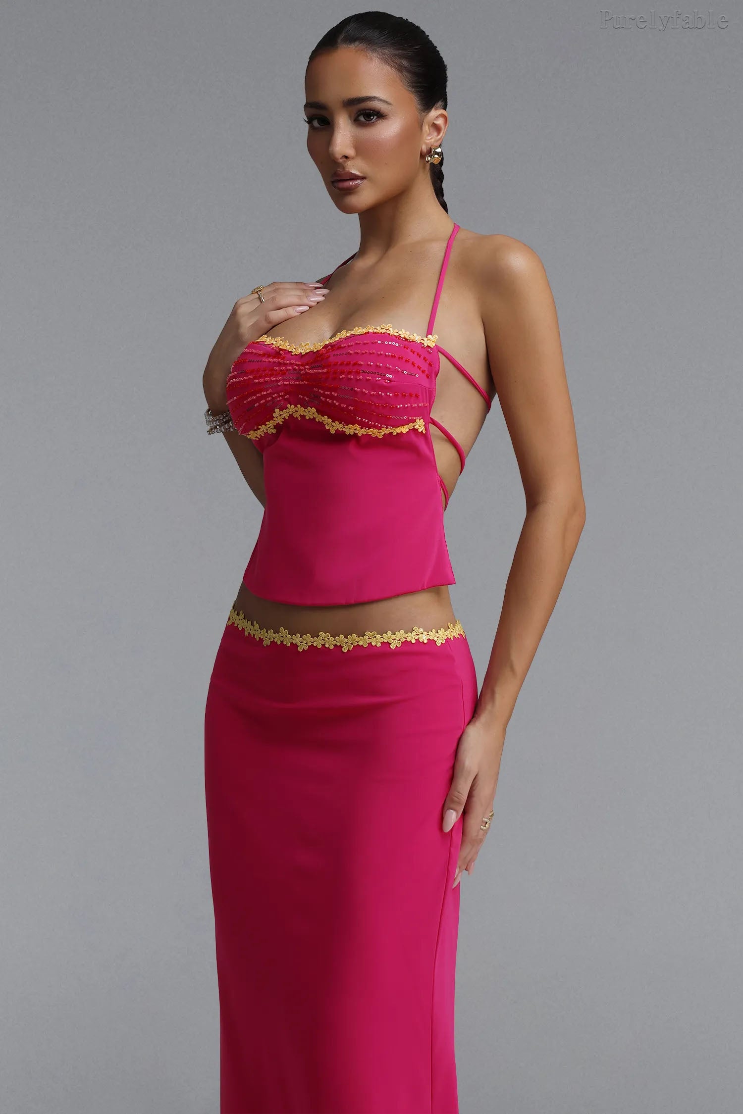 Audrey Purple Red Hanging Neck High Waist Split Skirt Set