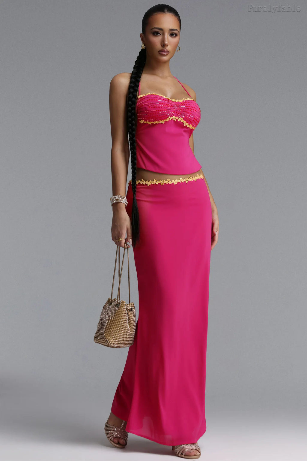 Audrey Purple Red Hanging Neck High Waist Split Skirt Set