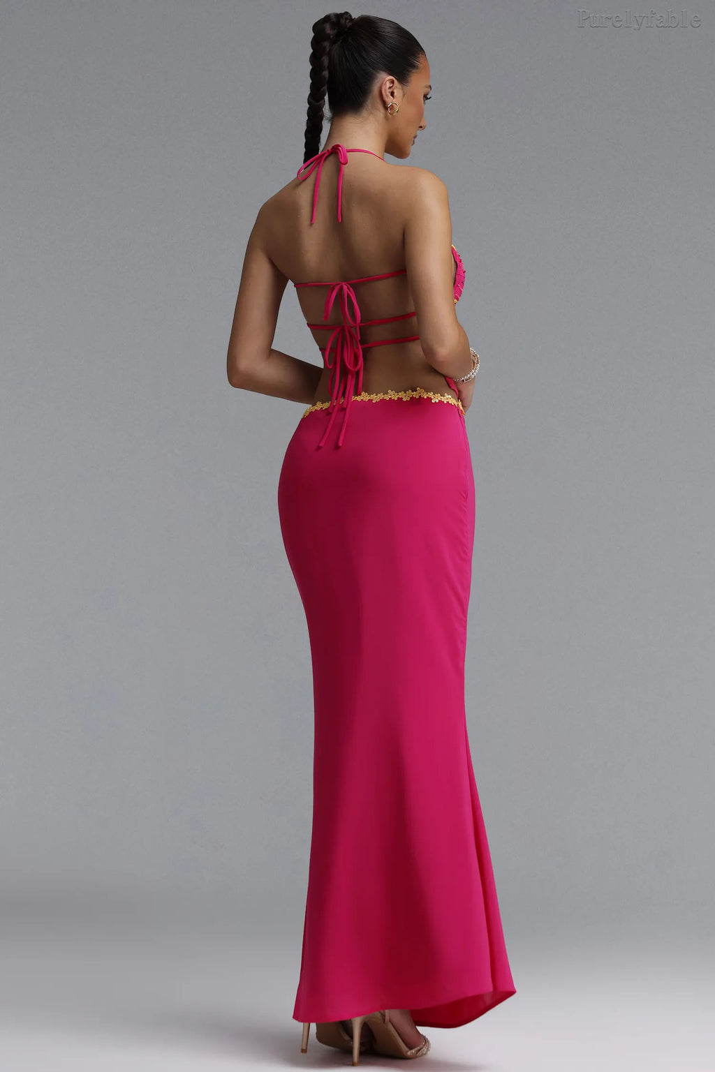 Audrey Purple Red Hanging Neck High Waist Split Skirt Set