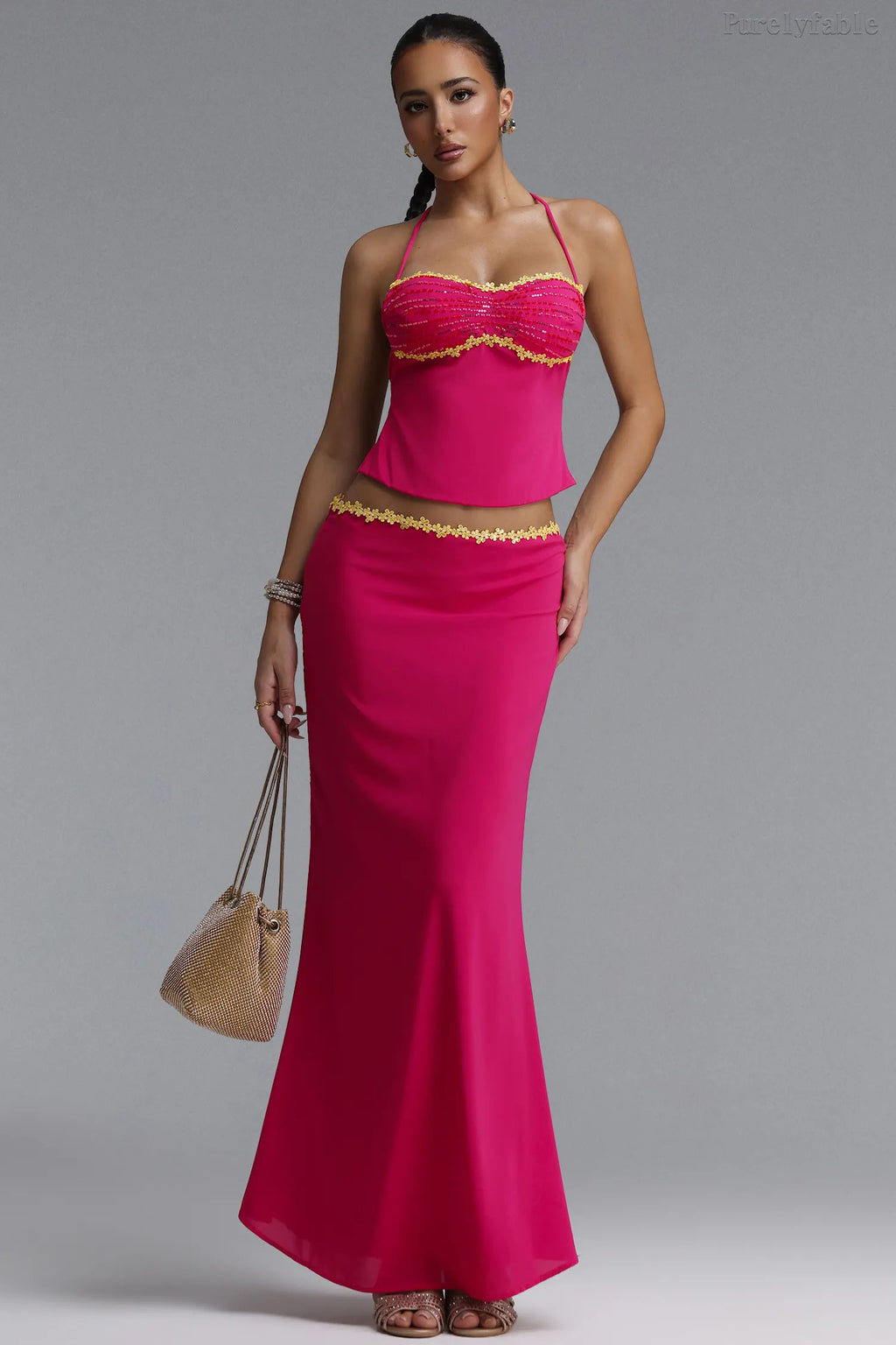 Audrey Purple Red Hanging Neck High Waist Split Skirt Set